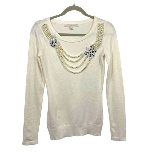 Boston Proper Pearl Necklace Sweater Size XS White Snowflake Crystal Long Sleeve - Picture 1 of 14
